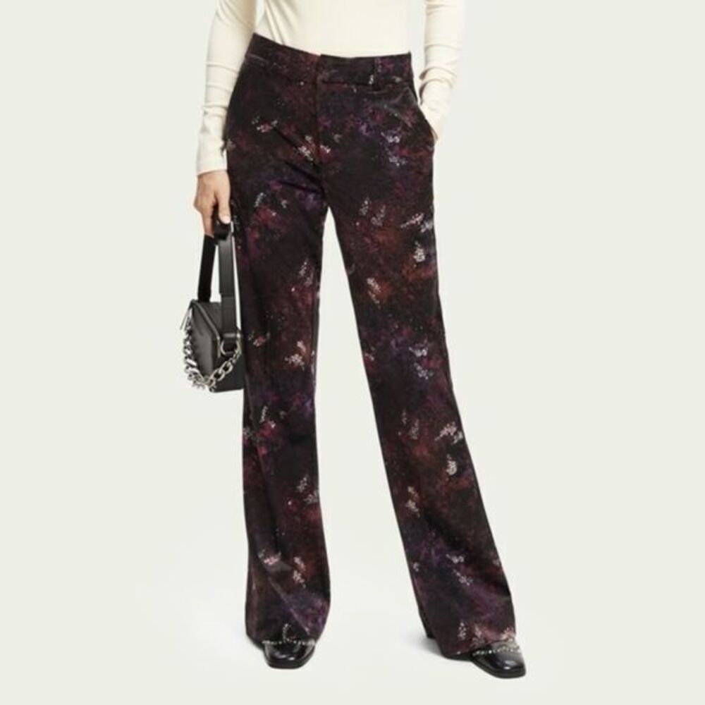 Scotch & Soda Velvet Flare Trousers NWT 26 High Rise Patterned Black Pants